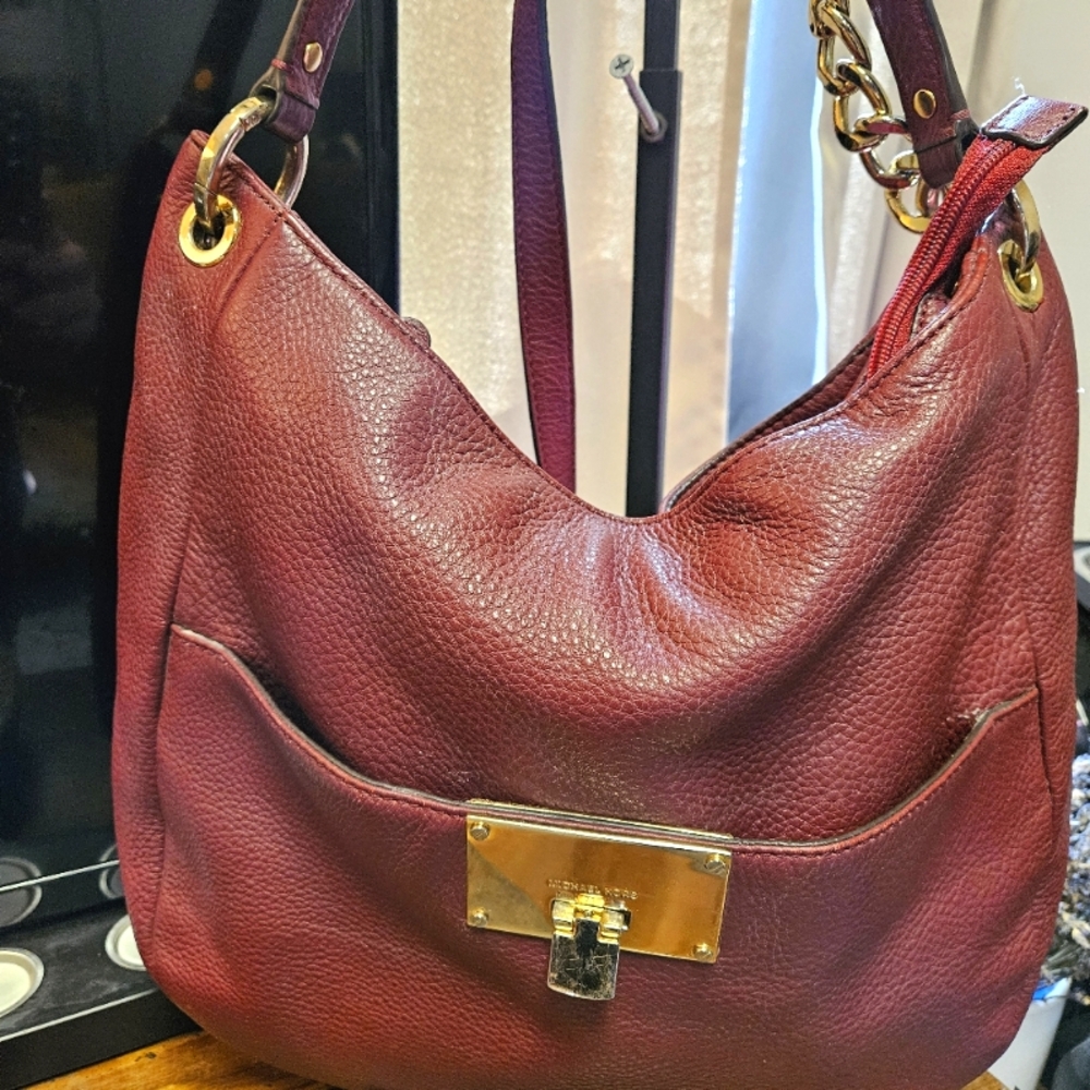 Michal Kors Burgundy Leather Hobo Bag with Gold Hardware